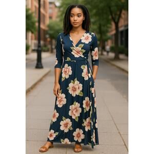 HELLO MIZ LONG BLUE FLORAL DRESS SIZE LARGE